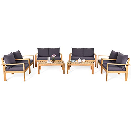 COSTWAY 8PCS Patio Furniture Set Acacia Wood Thick Cushion Loveseat Sofa Garden