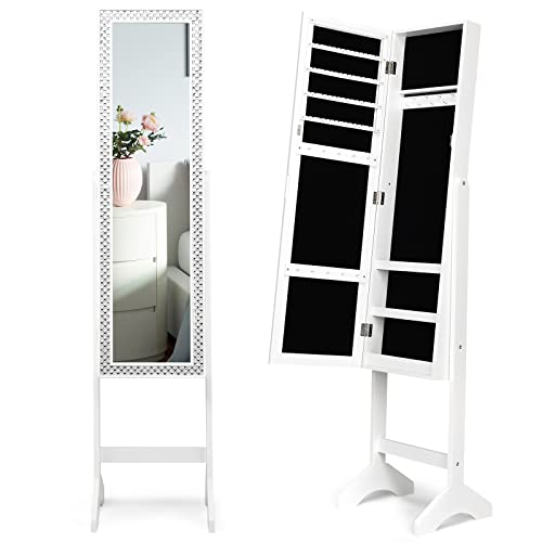 COSTWAY Mirror Jewelry Cabinet Armoire, Standing Jewelry Organizer Cabinet with Resin Diamonds Design & Full-length Mirror, Large Storage Capacity Jewelry Cabinet for Bedroom, Dressing Room (White)