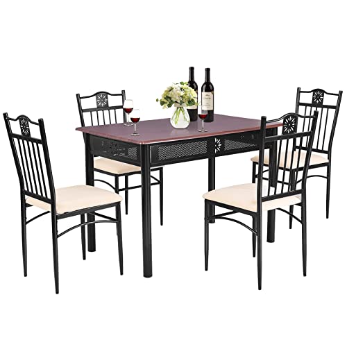 COSTWAY 5 Pieces Dining Table Set, Modern Kitchen Table Set for 4 Person, 42Ó Rectangular Table w/ 4 Upholstered Chairs, Bistro Table Set for Home, Coffee Shop & Restaurant (Brown)