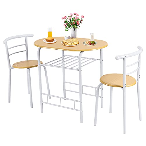 COSTWAY 3 Piece Dining Table Set for 2, Modern Round Table Set with 2 Stools, Pub Table and Chairs Dining Set with Built in Storage Layer, Space Saving for Kitchen, Apartment and Dining Room (Tan)