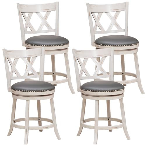 COSTWAY Bar Stool Set of 4 for Kitchen Island, 25.5” Swivel Armless Counter Height Stools with 20'' Wider Padded Seat, Ergonomic Curved Backrest, Rubber Wood Frame (4, Antique White + Gray)