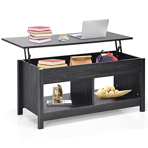 COSTWAY Lift Top Coffee Table, Dining Center Table with Hidden Storage Compartment & Lower Open Shelf, Rustic Sofa Tea Table with Rising Tabletop for Living Room Reception Room (Black)