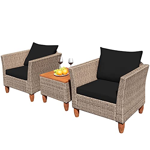 COSTWAY 3 PCS Outdoor Patio Rattan Bistro Furniture Set Wooden Table Top Cushioned Sofa Black