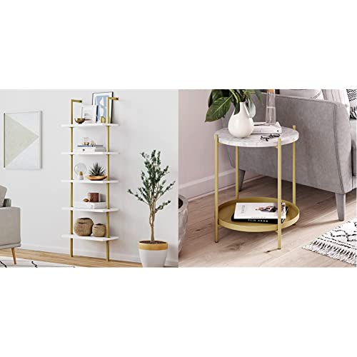 Nathan James Theo 5-Shelf Modern Bookcase, Open Wall Mount Ladder Bookshelf, White/Gold & Alexis Round Modern Side Accent, End Table, 17.5 inx17.5 inx20 in, Gold