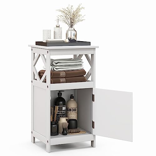 COSTWAY Bathroom Storage Cabinet, Freestanding Narrow Storage Organizer with Single Door & Open Shelf, Anti-Tippling Device, Wooden Floor Cabinet for Bathroom, Living Room, Entryway (White)