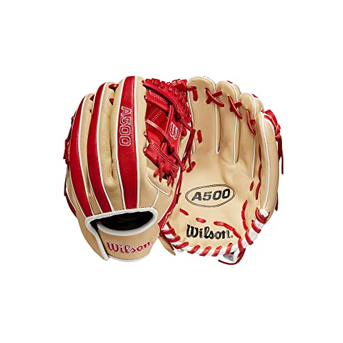 WILSON A500 11” Utility Youth Baseball Glove - Left Hand Throw, Blonde/Red/White