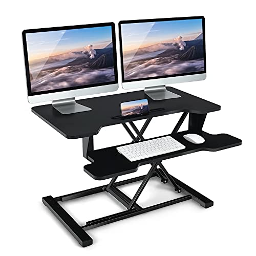 COSTWAY Standing Desk Converter, 32" Height Adjustable Stand up Desk with Removable Keyboard Tray, Sturdy X-Shaped Frame, Convenient Phone Slot, Office Workstation for Dual Monitors (Black)