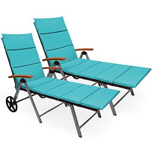 COSTWAY 2PCS Patiojoy Folding Patio Rattan Lounge Chair Aluminum Adjustable Turquoise