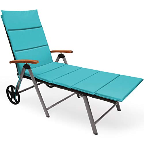 COSTWAY Folding Patio Rattan Lounge Chair Cushioned Aluminum Adjust Turquoise