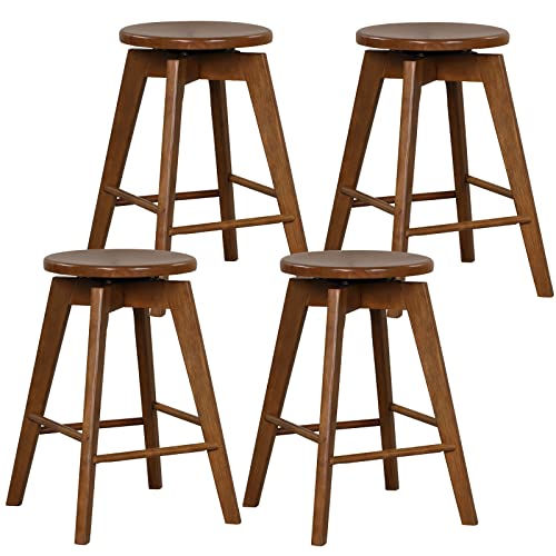 COSTWAY Vintage Bar Stools Set of 4, 24.5-inch Counter Height 360¡ Swivel Backless Bar Chairs with Footrest, Rubber Wood Frame, Non-Slip Foot Pads, Barstools for Kitchen Island Dining Room Pub, Brown