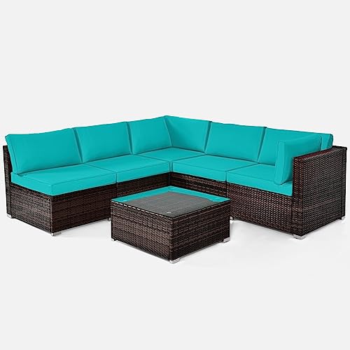 COSTWAY 6PCS Patio Rattan Furniture Set Cushioned Sofa Coffee Table Turquoise