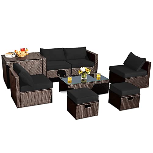 COSTWAY 8PCS Patio Rattan Furniture Set Space-Saving Storage Cushion W/Cover Black