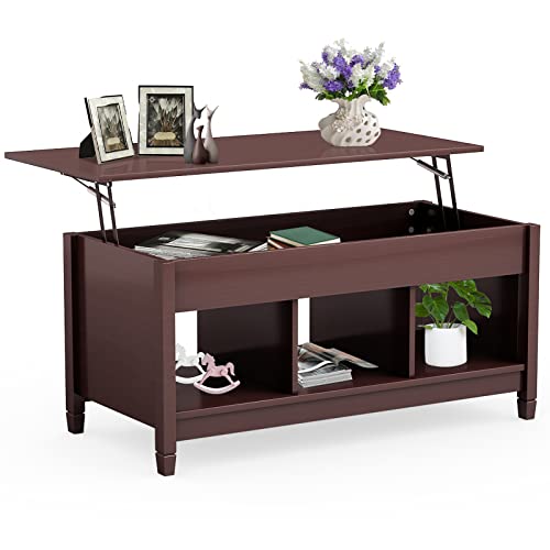 COSTWAY Lift Top Coffee Table, with Hidden Storage Compartment & 3 Open Shelves, Rectangular Cocktail Tea Table with Solid Wood Legs for Living Room Reception Room (Brown)