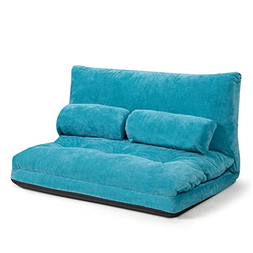 COSTWAY Convertible Floor Sofa Couch with 2 Waist Pillows, Folding 6-Position Adjustable Loveseat with Corduroy Fabric, Metal Frame, Upholstered Floor Couch Lounge for Reading Playing Gaming (Blue)