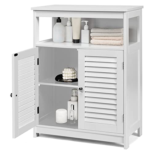 COSTWAY Bathroom Storage Cabinet, Wooden Side Storage Organizer with Louver Doors & Removable Shelf, Freestanding Floor Cabinet for Living Room, Kitchen, Entryway (White)