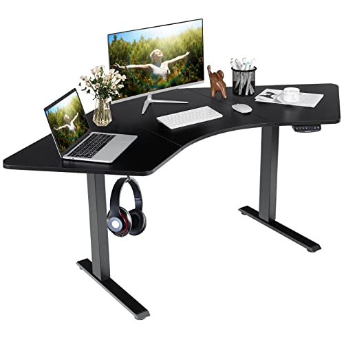 COSTWAY Dual-Motor L Shaped Standing Desk, Ergonomic Sit Stand Computer Workstation with Hook & Cable Tray, Touch Control Panel, Electric Height-Adjustable Corner Desk for Home Office (Black)