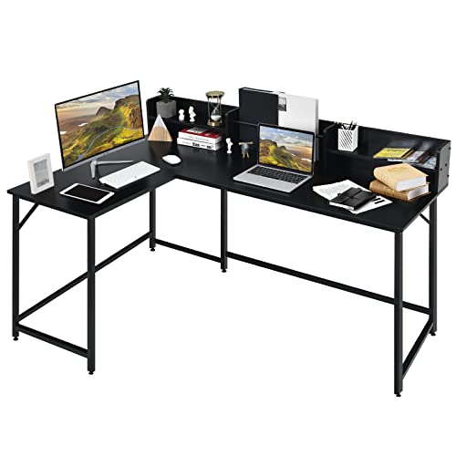 COSTWAY L-Shaped Computer Desk with Hutch, Space-Saving Corner Computer Desk with File Rack & 2 Shelves, 66.5Ó Industrial Table with Heavy-Duty Steel Frame, for Home Office Study Room (Black)