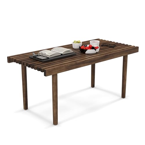 COSTWAY 39” Rubber Wood Coffee Table, Modern Rectanglar Center Table with Slatted Table Top, Industrial Rustic Cocktail Tea Table for Living Room, Apartment, Lounge, Brown