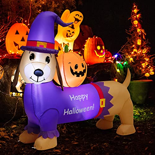 COSTWAY 5 FT Long Halloween Inflatable Dachshund Dog with Pumpkin Self Inflating Yard