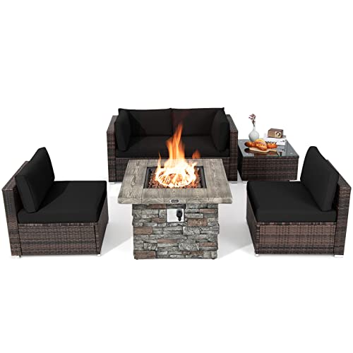 COSTWAY 6 PCS Patio Wicker Furniture Set 34.5" Fire Pit Table W/Cover Black