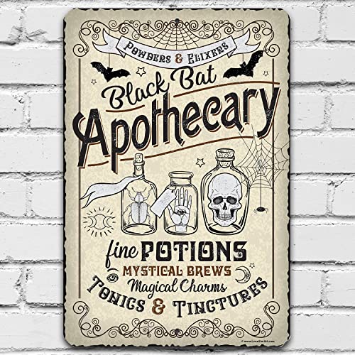 Black Bat Apothecary - Funny Halloween Decor and Witch Sign, Haunted House Porch Decoration, Witchcraft and Gothic Display, Witchy Room Gift Idea, 12x18 Use Indoors or Outdoors Durable Metal Sign