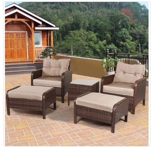 COSTWAY 5 PCS Rattan Wicker Furniture Set Sofa Ottoman W/Brown Cushion Patio Garden Yard