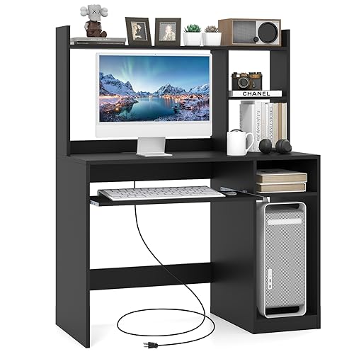 COSTWAY Black Computer Desk with Storage Shelf, Wooden Writing Desk with Hutch, Office Desk with CPU Stand & Keyboard Tray, Home PC Desk with Bookshelf, for Bedroom, Study, Living Room (Black)