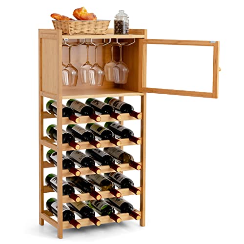 COSTWAY Freestanding Wine Rack, 20-Bottle Wine Display Shelf w/ 100% Bamboo Material, Glass Holder, Transparent Cabinet Door, Vertical Wine Bar Cabinet Organizer for Kitchen, Pantry, Home Bar