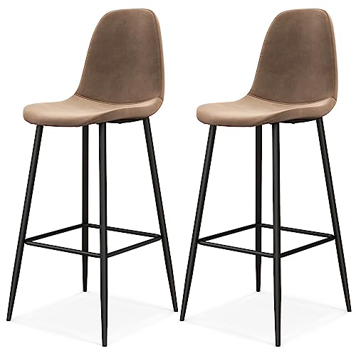 COSTWAY Bar Stools Set of 2, 29.5 Inch Soft Velvet Upholstered Bar Chairs with Backrests & Footrests, High Back Breakfast Bar Stools with Metal Legs for Kitchen, Restaurant, Pub, Brown (2, Brown)