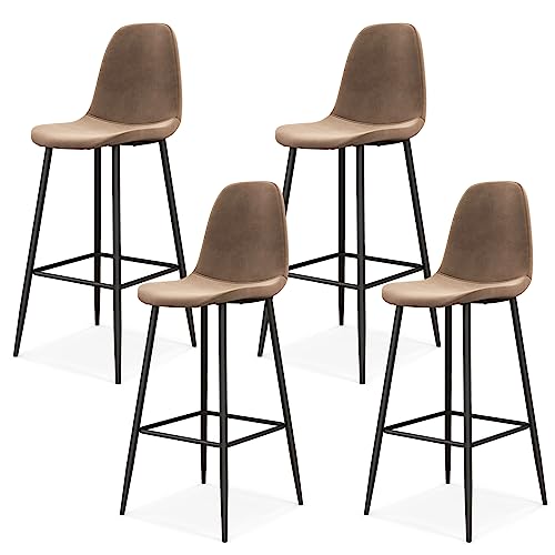 COSTWAY Bar Stools Set of 4, 29.5 Inch Soft Velvet Upholstered Bar Chairs with Backrests & Footrests, High Back Breakfast Bar Stools with Metal Legs for Kitchen Island, Pub, Brown (4, Brown)