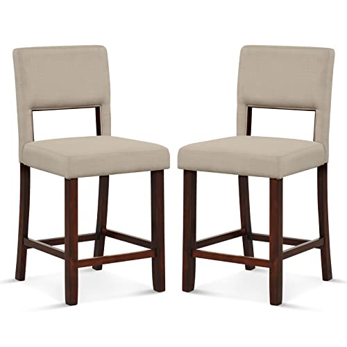 COSTWAY Bar Stools for Kitchen Island, Linen Counter Height Chairs with Hollowed Backs, Rubber Wood Legs, Upholstered Bar Stools for Kitchen Island Home Bar Pub Dining Room (2, Beige+Brown)