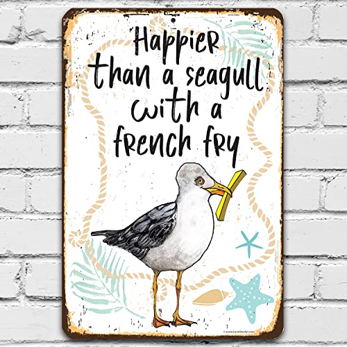 Seagull with French Fry - Great Lake House and Beach House Decor, Coastal Funny Wall Art, Bird Animal Nautical Prints and Gift Idea, 8x12 Indoor or Outdoor Durable Rustic Metal Sign