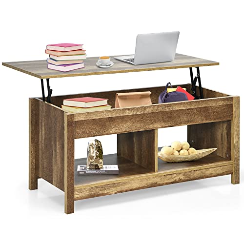 COSTWAY Lift Top Coffee Table, Dining Center Table with Hidden Storage Compartment & Lower Open Shelf, Rustic Sofa Tea Table with Rising Tabletop for Living Room Reception Room (Rustic Brown)