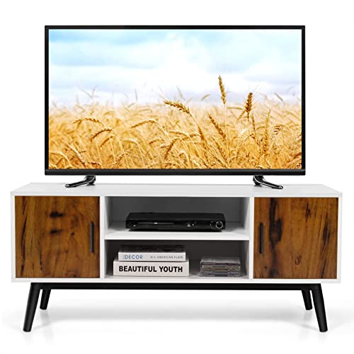 COSTWAY TV Stand for 55 inch, Mid-Century Wood TVs Console up to 55", Living Room Entertainment Center with 2 Cabinets, Open Shelves, Cable Hole, Wooden Storage Cabinet with Metal Legs