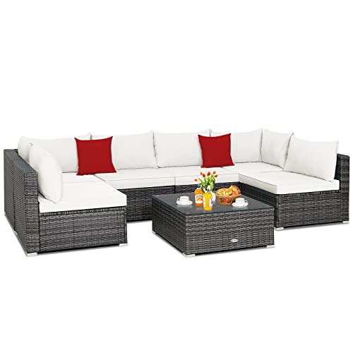 COSTWAY 7PCS Patio Rattan Furniture Set Sectional Sofa Cushioned Off White