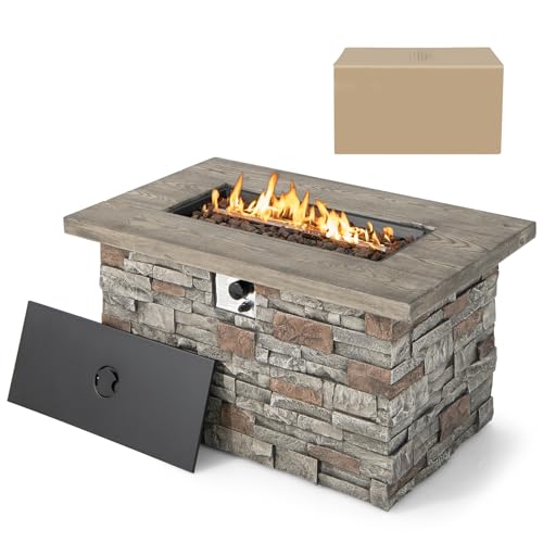 COSTWAY 43.5" Propane Gas Fire Pit Table, 2-in-1 Outdoor Rectangle Fire Table W/Volcanic Rock & PVC Cover, 50,000 BTU Heat Output, Faux Stone Surface, Ideal for Backyard, Poolside