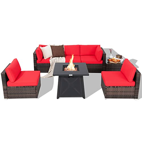 COSTWAY 7PCS Patio Rattan Furniture Set Fire Pit Table Cover Cushion Red