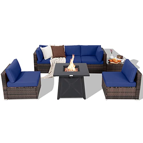 COSTWAY 7PCS Patio Rattan Furniture Set Fire Pit Table Cover Cushion Navy