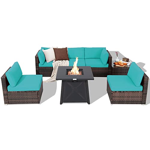 COSTWAY 7PCS Patio Rattan Furniture Set Fire Pit Table Cover Cushion Turquoise