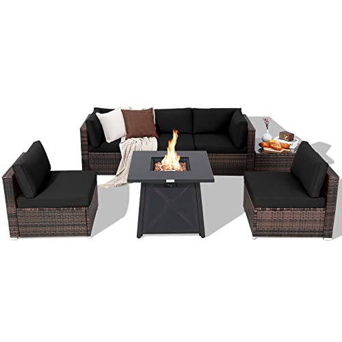 COSTWAY 7PCS Patio Rattan Furniture Set Fire Pit Table Cover Cushion Black