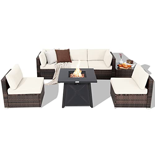 COSTWAY 7PCS Patio Rattan Furniture Set Fire Pit Table Cover Cushion Off White