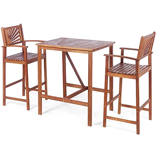 COSTWAY 3PCS Bar Table Set, Outdoor Acacia Wood Dining Set, Spacious Tabletop, Comfortable Backrest, Suitable for Sunroom, Backyard, Balcony, Space-Saving Design