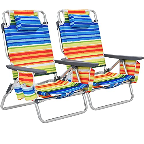 COSTWAY 2-Pack Folding Backpack Beach Chair 5-Position Outdoor Reclining Chairs w/Pillow, Multi Color