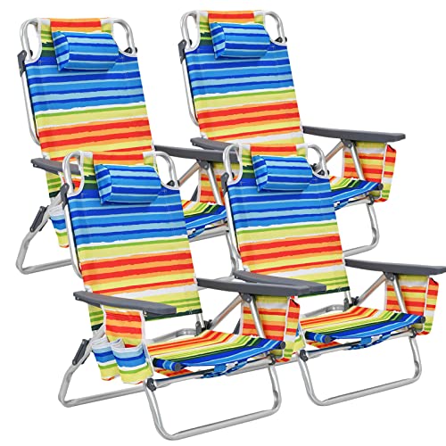 COSTWAY 4-Pack Folding Backpack Beach Chair 5-Position Outdoor Reclining Chairs w/Pillow, Multi Color