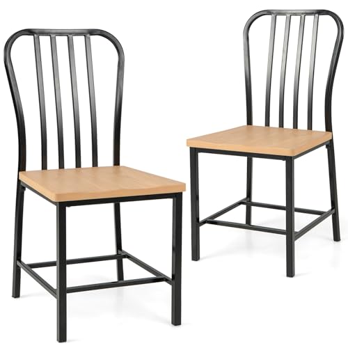 COSTWAY Dining Chair Set of 2, 18.5 inch Seat Height Armless Spindle Back Kitchen Chairs, Navy Farmhouse Chair with Heavy-Duty Metal Frame for Dining Room (Black and Natural, Set of 2)