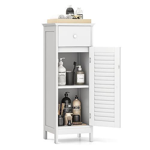 COSTWAY Bathroom Storage Cabinet, Single Door Slim Storage Organizer w/Drawer & Adjustable Shelf, Freestanding Narrow Floor Cabinet for Bedroom Living Room Entryway Hallyway (White)