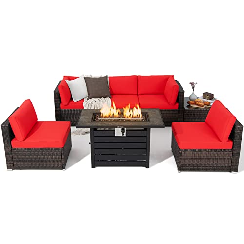 COSTWAY 7PCS Patio Rattan Furniture Set 42" Fire Pit Table W/Cover Cushioned Red