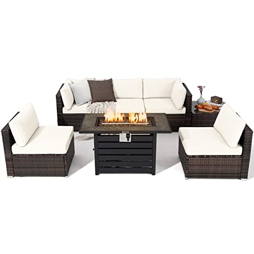 COSTWAY 7PCS Patio Rattan Furniture Set 42" Fire Pit Table W/Cover Cushioned Off White