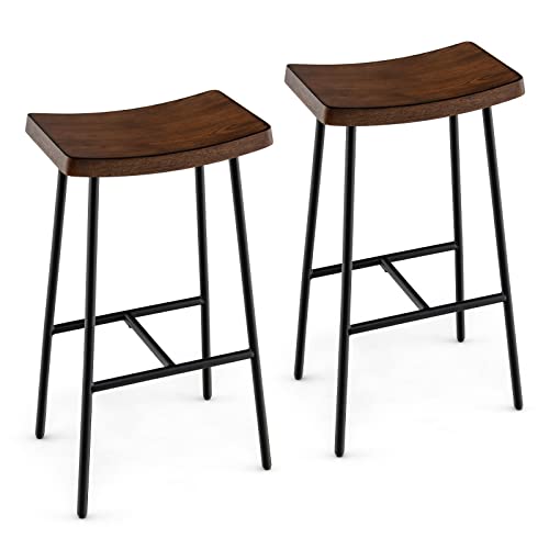 COSTWAY Bar Stools Set of 2, 29-Inch Height Industrial Saddle Stools with Footrest, Metal Legs, Adjustable Foot Pads, Backless Counter Height Chairs for Living Room Kitchen Bar, Rustic Brown and Black