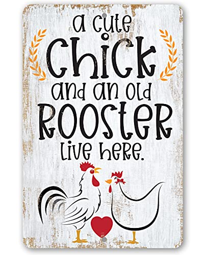 A Cute Chick & Old Rooster - Funny Chicken Coop Sign, Chicken Pen Accessories, Hen House and Rooster Decoration, Chicken Farm Sign and Farmers Gift, 12x18 Indoor or Outdoor Durable Metal Sign